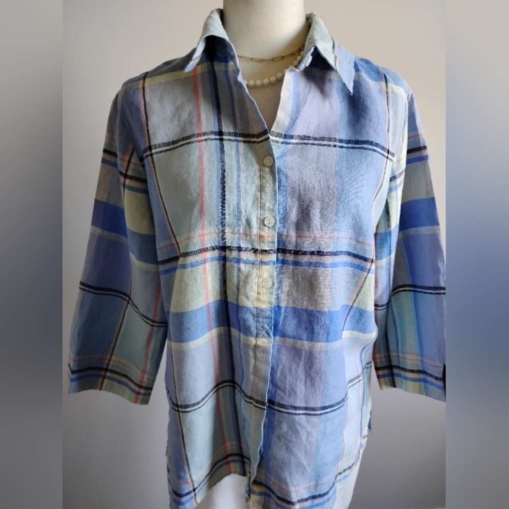 Liz Claiborne Linen Blue Plaid Button Up Shirt 3/4 Sleeves Coastal Size Medium